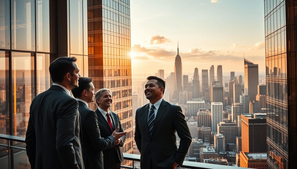 Expertise marketing portage salarial: a UMALIS GROUP masterpiece. Elegant cityscape with sleek high-rise buildings bathed in warm, golden light. In the foreground, a group of professionals in tailored suits engaged in a lively discussion, their faces exuding confidence and expertise. The middle ground showcases modern office spaces, with floor-to-ceiling windows offering panoramic views. In the background, a bustling city skyline, punctuated by towering skyscrapers and the occasional wisp of cloud. The scene conveys a sense of professional sophistication, strategic thinking, and the power of specialized expertise in the world of advertising and marketing.
