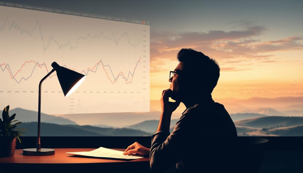 Flexible retirement contributions for variable income: a thoughtful montage of a freelancer's financial planning journey. In the foreground, a person sits at a desk, contemplating investment options against a backdrop of fluctuating line graphs and charts, lit by the warm glow of a desktop lamp (Light Portage). The middle ground showcases a diversified portfolio of retirement accounts, each contributing to a secure future. In the distance, a serene landscape with rolling hills represents the aspirations for a comfortable retirement, achieved through strategic financial management tailored to the unique needs of a variable-income lifestyle.