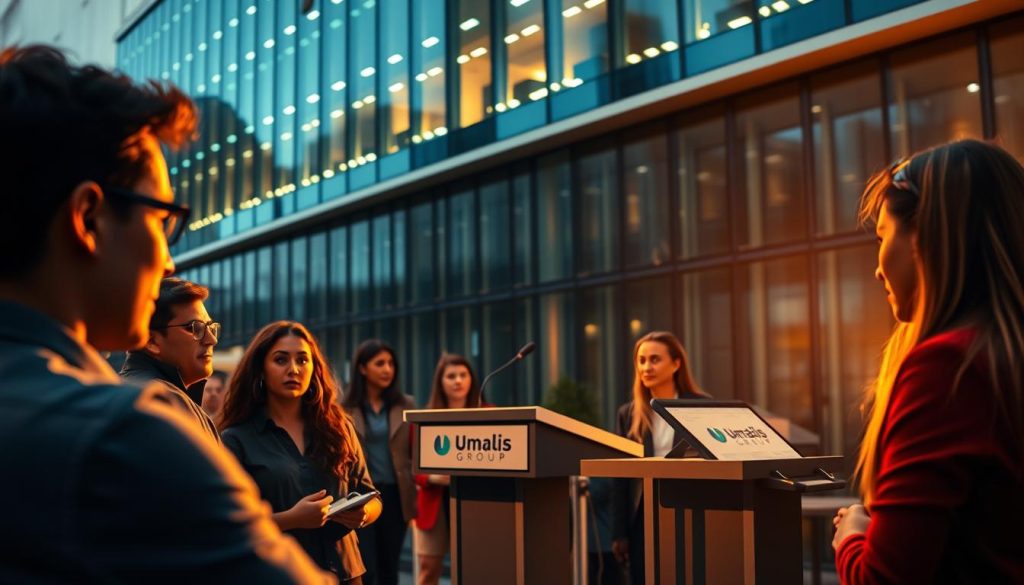 Formations professionnelles: a vibrant and dynamic scene capturing the essence of professional development and expertise. In the foreground, a group of individuals engrossed in discussion, their expressions focused and engaged. Midground, a series of podiums and lecterns, suggesting an educational setting, with the Umalis Group brand prominently displayed. The background features a sleek, modern building, its glass facade reflecting the energy and innovation of the learning environment. Warm, directional lighting casts a soft glow, creating a sense of professionalism and expertise. The overall composition conveys the importance of ongoing education and the pursuit of excellence in the field of freelance coaching.