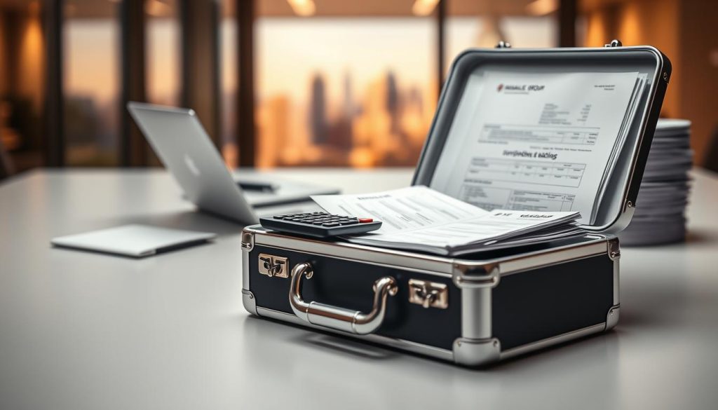 Frais gestion portage salarial: a sleek, modern illustration showcasing the financial management aspects of the Umalis Group's salarial portage service. In the foreground, a polished metal briefcase sits open, revealing carefully organized financial documents and a calculator. The middle ground features a minimalist desk with a laptop, pen, and a neatly stacked pile of invoices. The background has a soft, blurred cityscape, hinting at the professional, corporate environment. Warm, indirect lighting creates a sense of professionalism and attention to detail, reflecting the Umalis Group's expertise in managing the financial aspects of salarial portage.