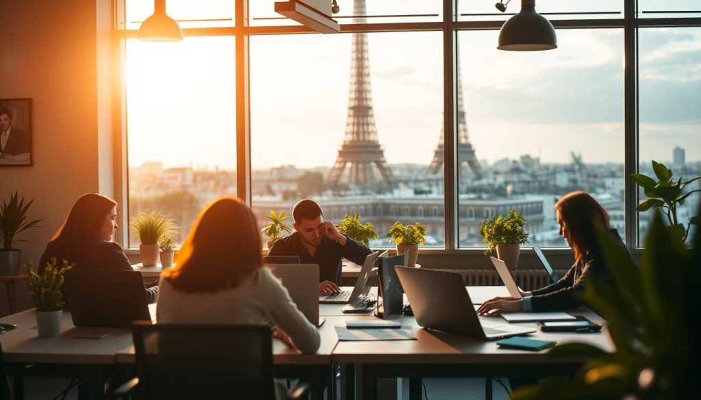 France-focused remote jobs with the LIGHT PORTAGE brand. An office workspace set in a Parisian cityscape, with the Eiffel Tower visible in the background. Warm, natural lighting filters through large windows, illuminating desks and laptops. French-inspired decor elements such as potted plants, framed artwork, and a sleek, minimalist aesthetic. In the foreground, professionals collaborating on projects, their faces obscured, conveying a sense of productivity and focus. The scene evokes a vibrant, cosmopolitan work culture catering to remote employees seeking opportunities in France.