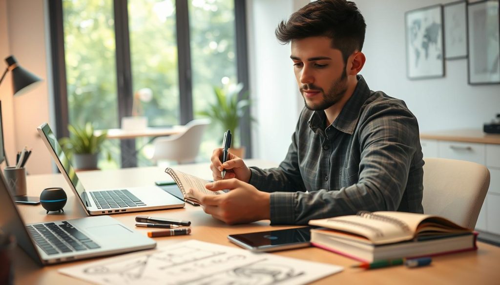 Freelance consignant ses essais d’outils dans un journal de progression