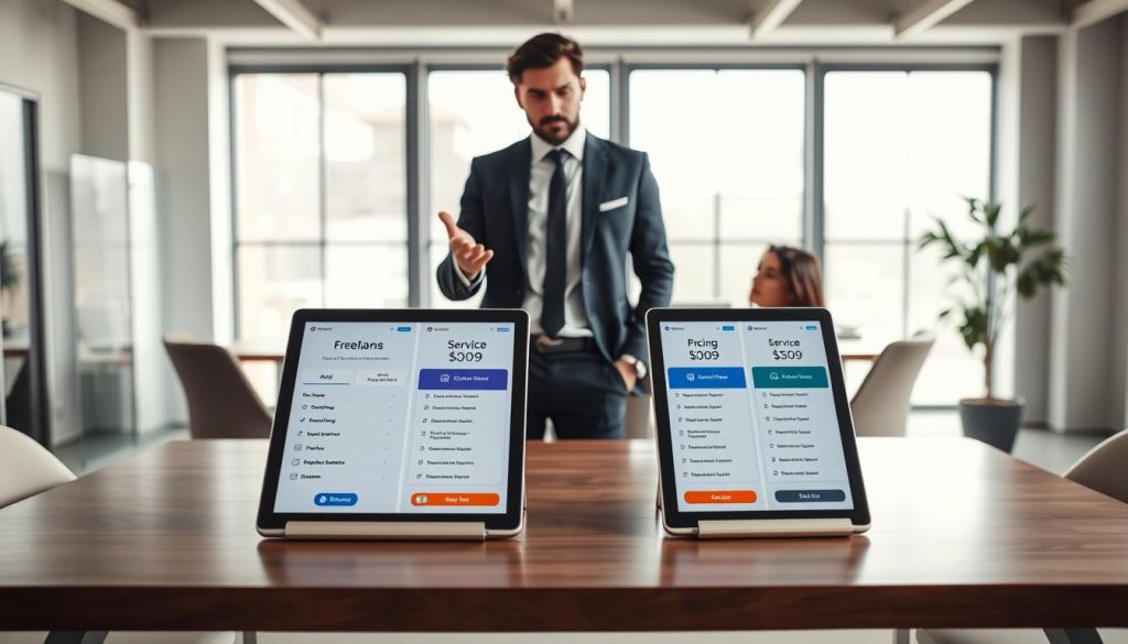 Freelance présentant deux options de prix et de périmètre à son client