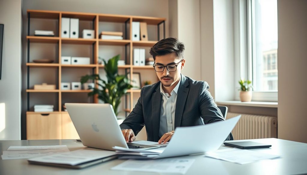 Freelance vérifiant les informations du prospect dans des documents officiels