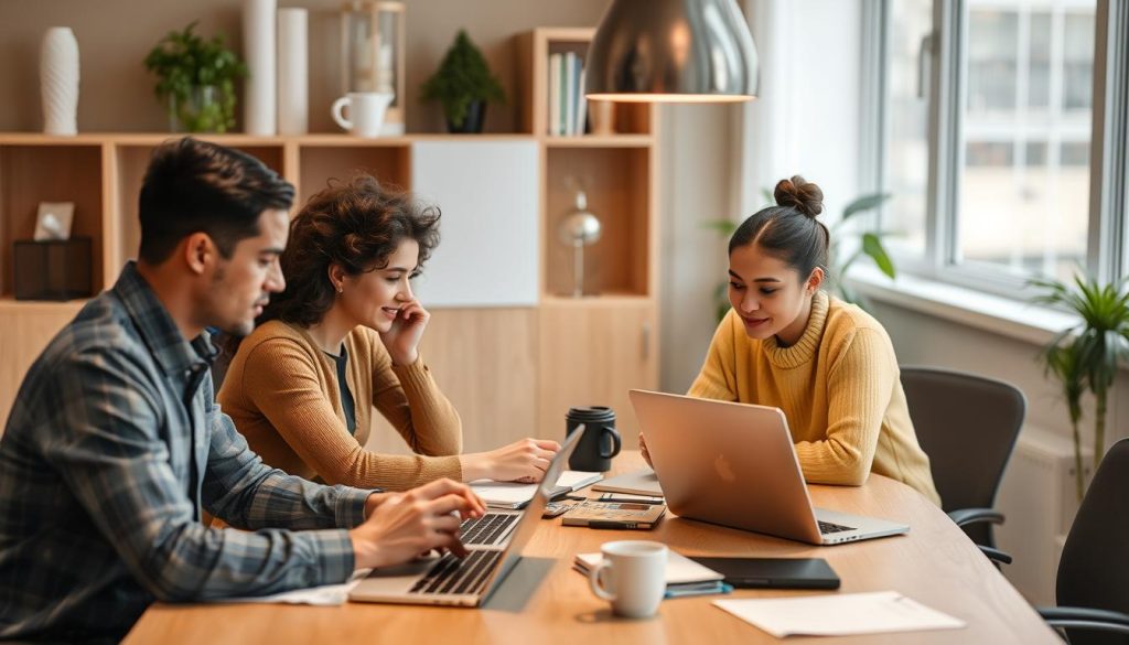 Généérer une image représentant des collaborateurs travaillant ensemble autour d'une table avec des outils numériques