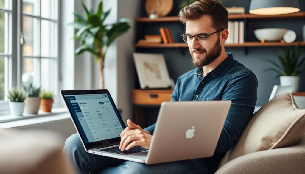 Generate an image of a French freelancer using a digital invoicing software on their laptop.