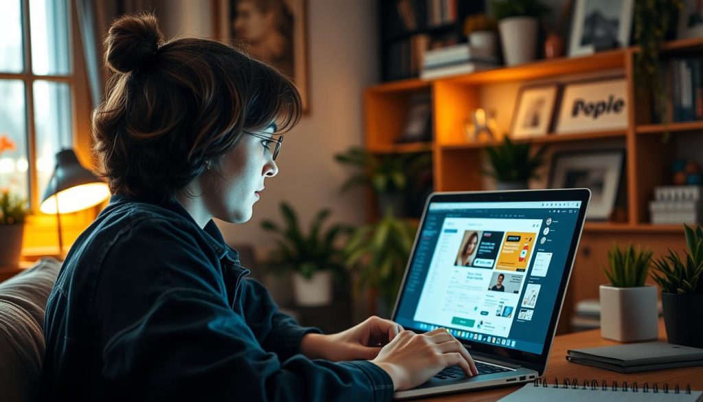 Generate an image of a French freelancer working on a laptop with various digital tools and platforms displayed on the screen.