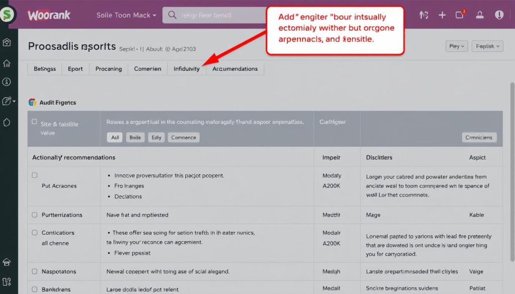 Generate an image of a Woorank site audit report highlighting actionable recommendations.