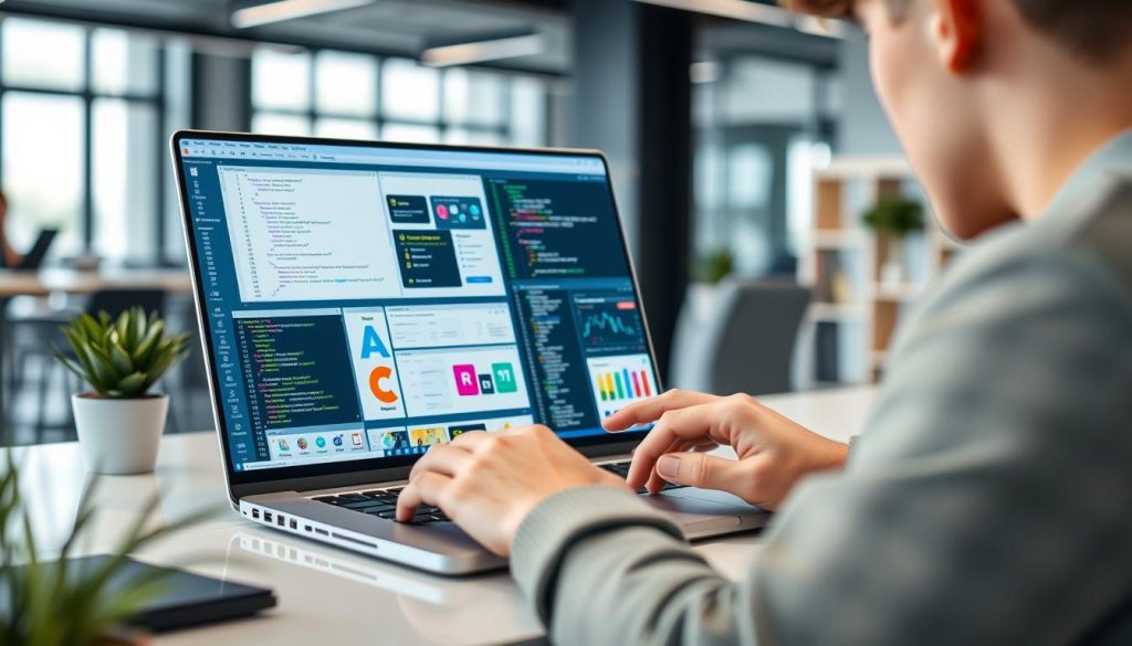 Generate an image of a beginner using app development tools on a laptop.
