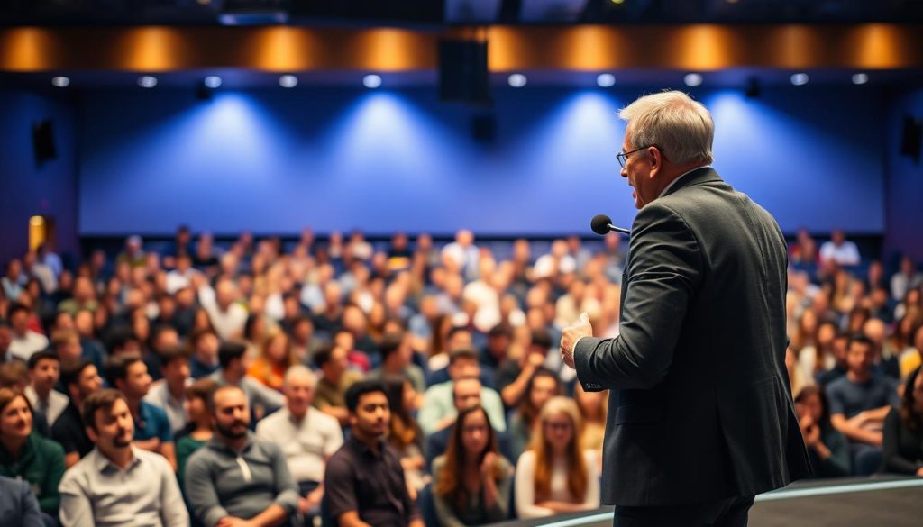 Generate an image of a confident public speaker addressing a large audience