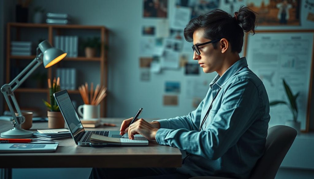 Generate an image of a content creator working on a marketing campaign with a laptop and a notebook.