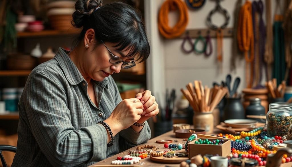 Generate an image of a crafter creating handmade jewelry, with beads and crafting tools.