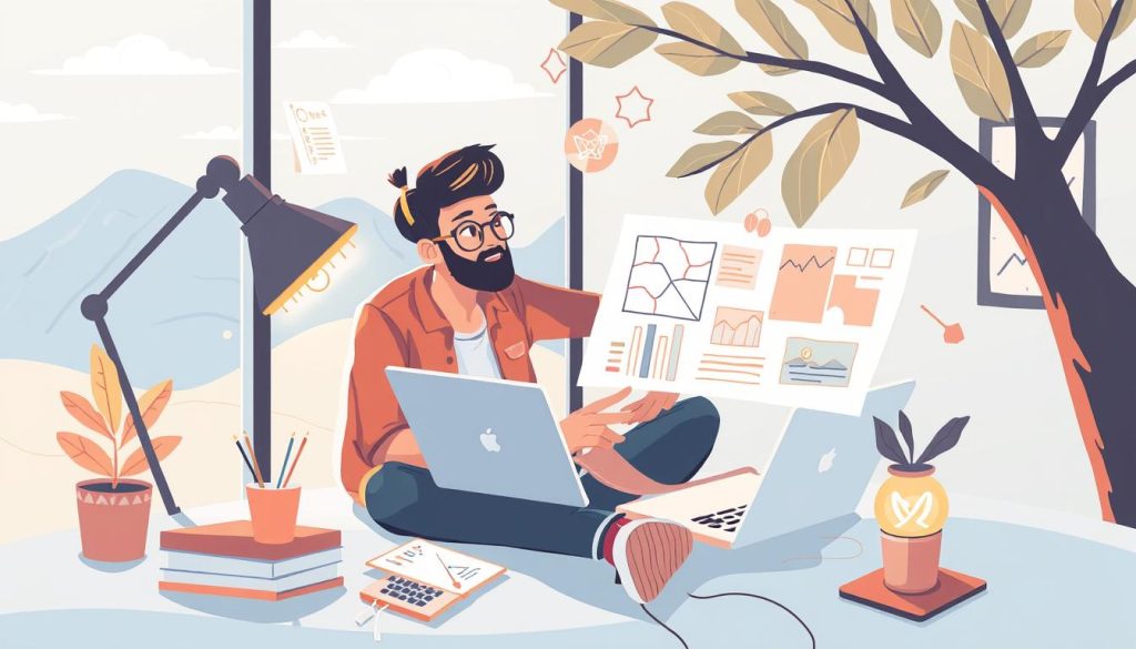 Generate an image of a creative professional working on a design project remotely.