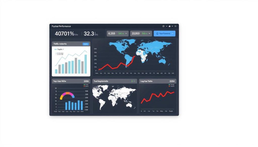 Generate an image of a dashboard displaying website performance metrics with geographic locations