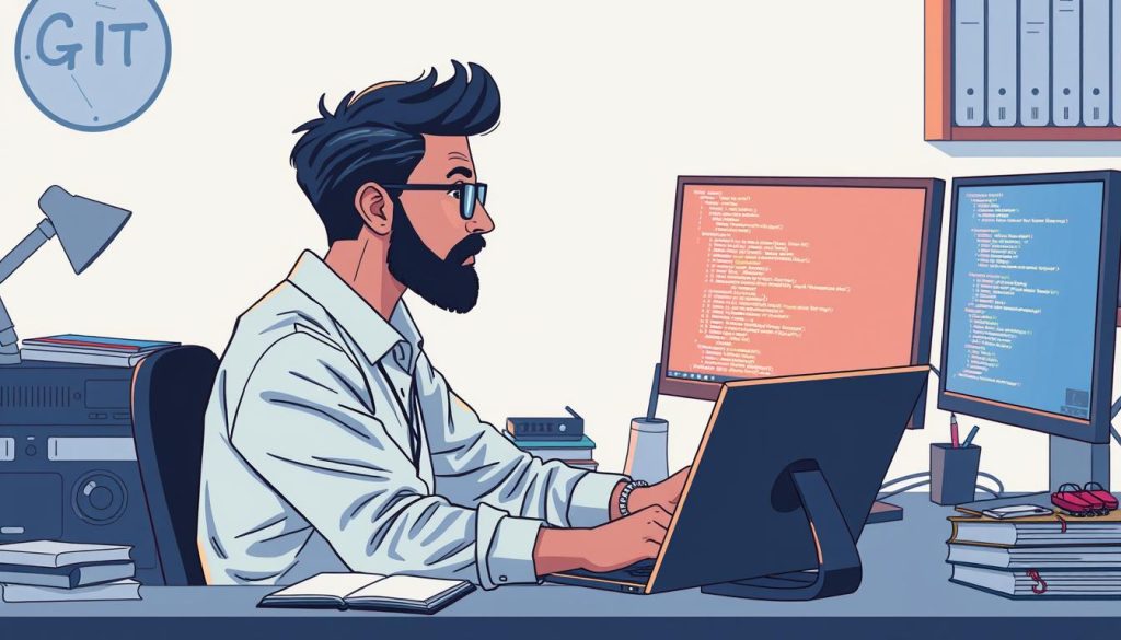 Generate an image of a developer using GIT on their computer for version control.