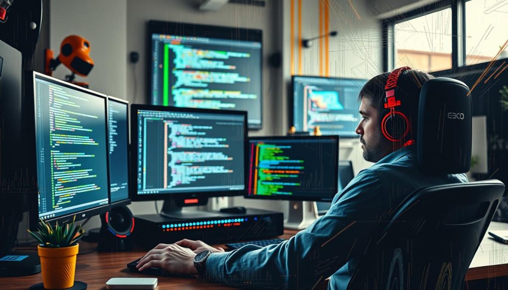 Generate an image of a developer working on a coding project