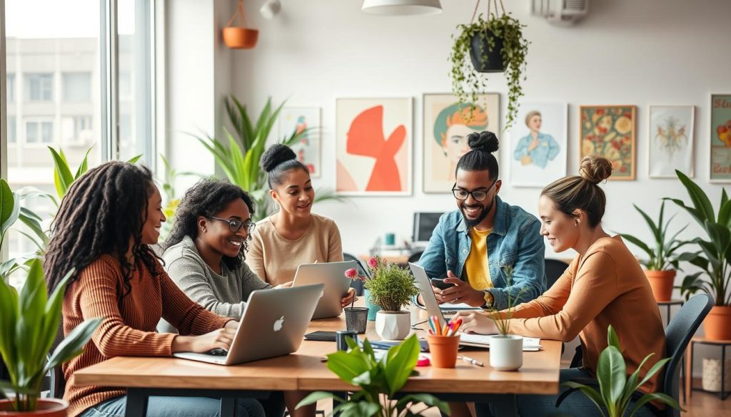 Generate an image of a diverse group of freelancers working together