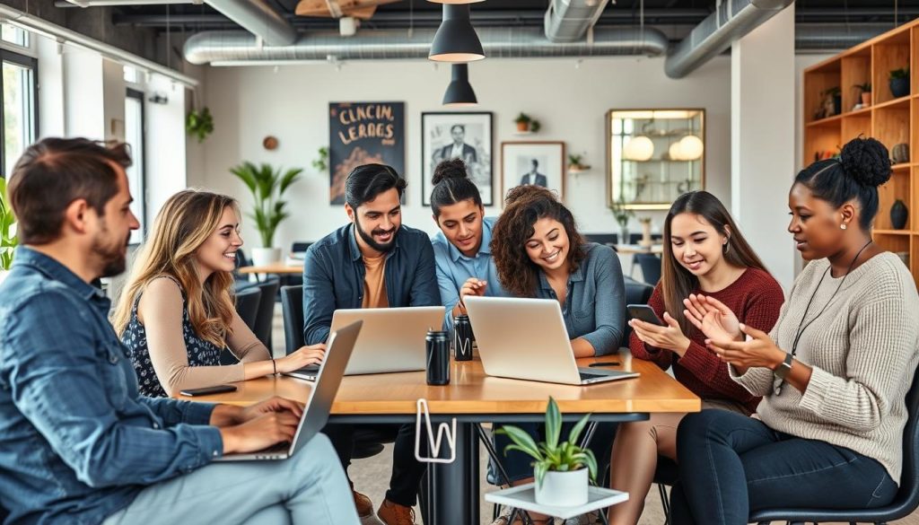 Generate an image of a diverse group of freelancers working together in a modern coworking space in France.