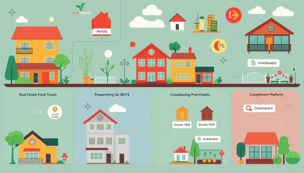 Generate an image of a diverse real estate portfolio including rental properties, REITs, and crowdfunding platforms.