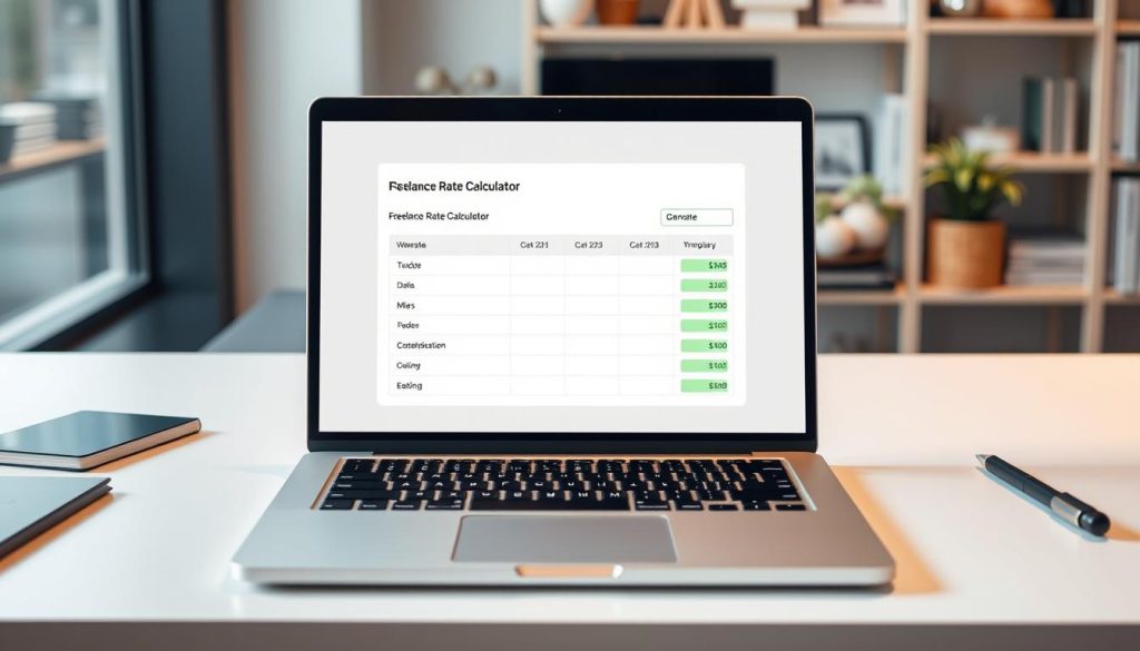 Generate an image of a freelance rate calculator tool on a laptop screen.