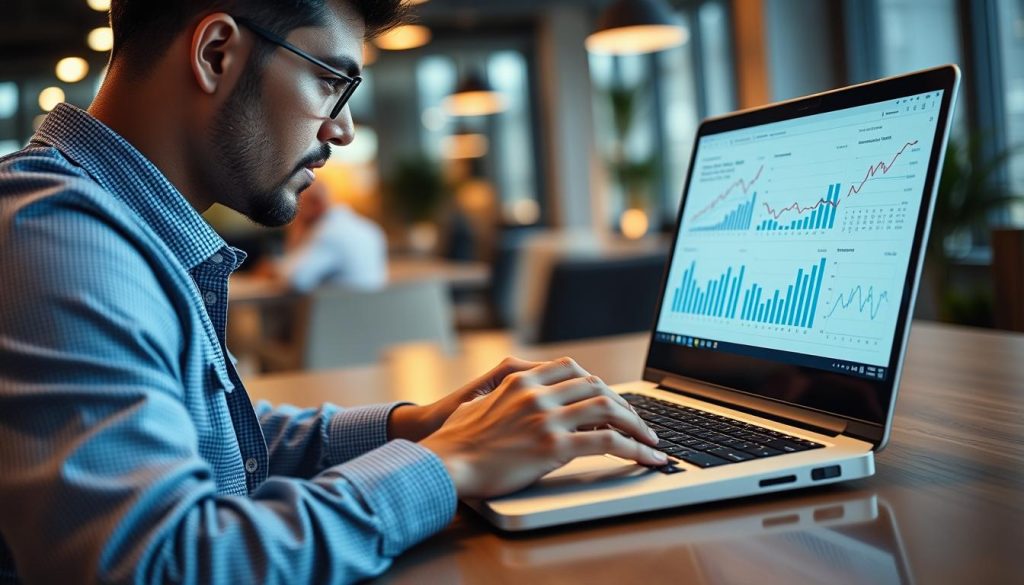 Generate an image of a freelancer customizing a financial report on their computer.