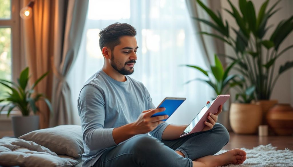 Generate an image of a freelancer practicing mindfulness on their tablet.