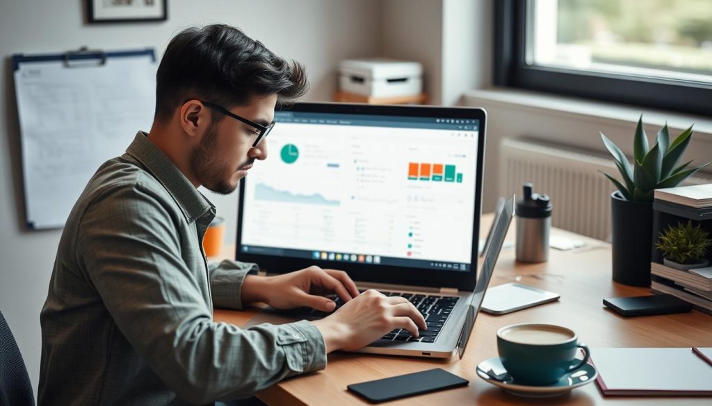 Generate an image of a freelancer using JIRA on their laptop for project tracking.