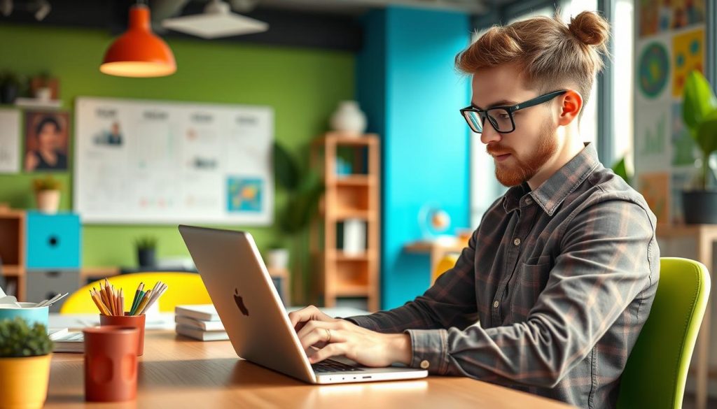 Generate an image of a freelancer using a digital financial management tool on a laptop