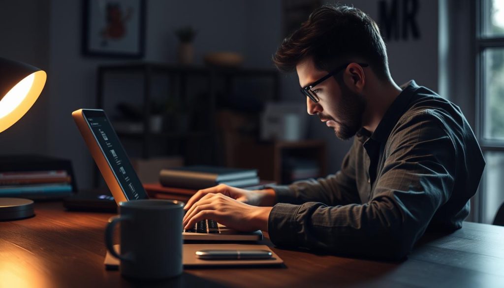 Generate an image of a freelancer using a task management tool on their laptop.