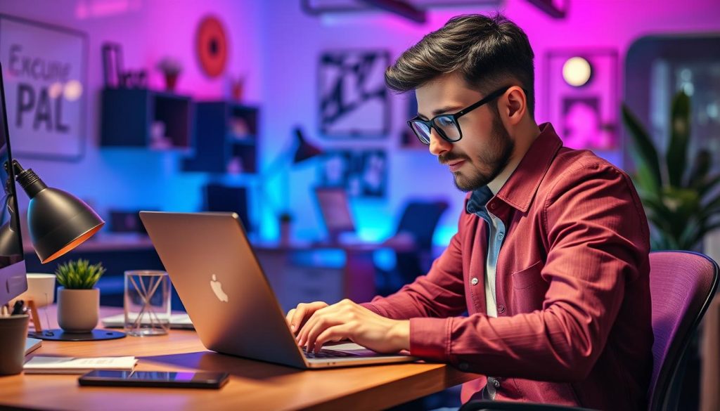 Generate an image of a freelancer using expense tracking software on a laptop.