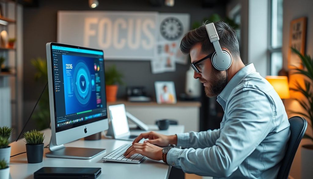 Generate an image of a freelancer using focus-enhancing software on their desktop.
