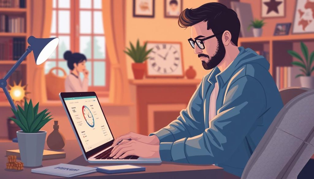 Generate an image of a freelancer using time tracking software on their laptop.