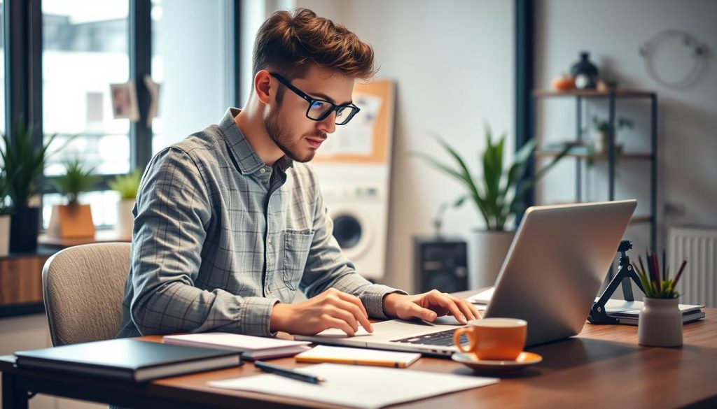 Generate an image of a freelancer working on a content marketing strategy on their laptop