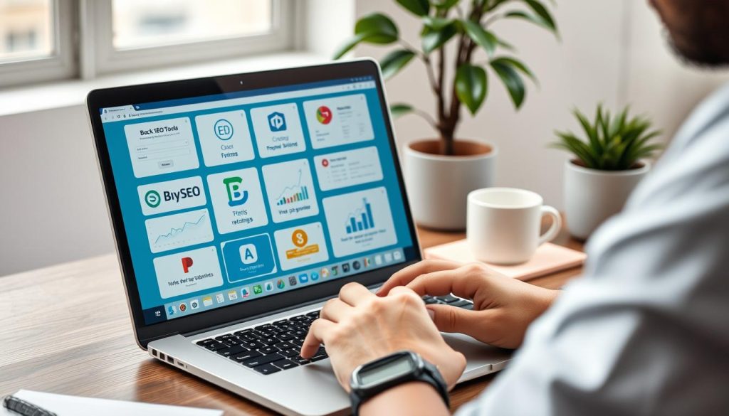 Generate an image of a freelancer working on a laptop with SEO tools on the screen
