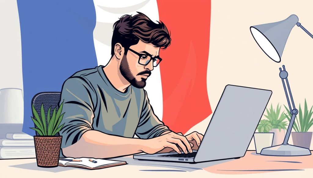 Generate an image of a freelancer working on a laptop with a French flag in the background.