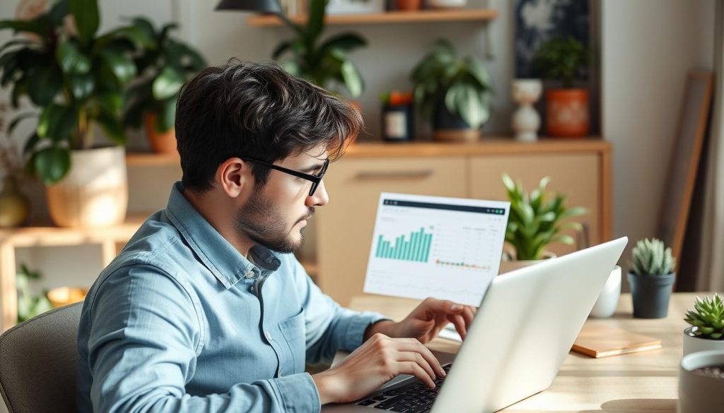 Generate an image of a freelancer working on a laptop with a financial report on the screen.