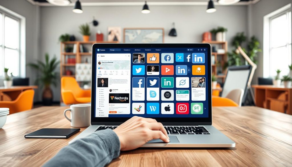 Generate an image of a freelancer working on a laptop with multiple social media platforms open