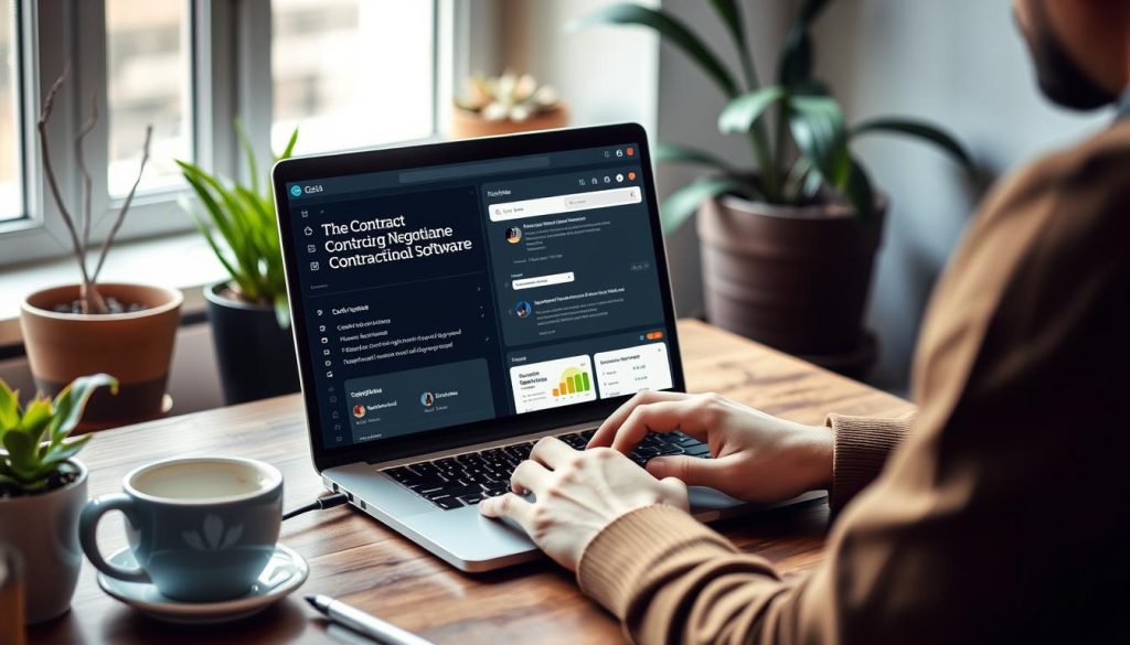 Generate an image of a freelancer working on a laptop with various contract negotiation software tools displayed on the screen.