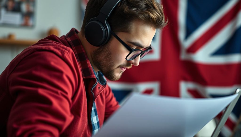 Generate an image of a freelancer working on a project with a UK flag in the background.