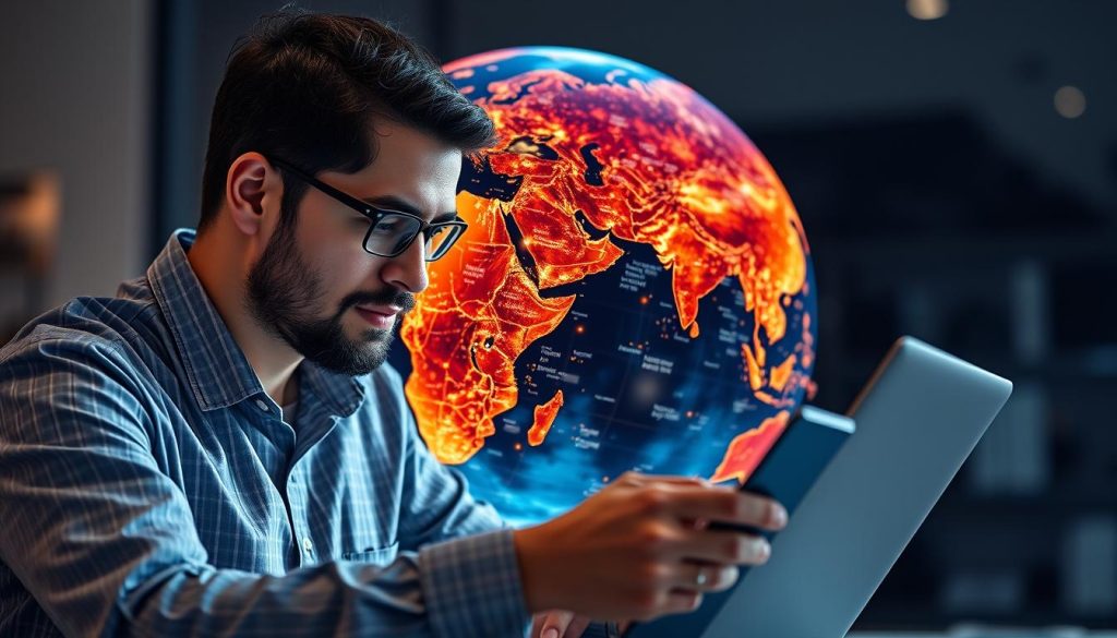 Generate an image of a freelancer working on a project with a globe in the background.