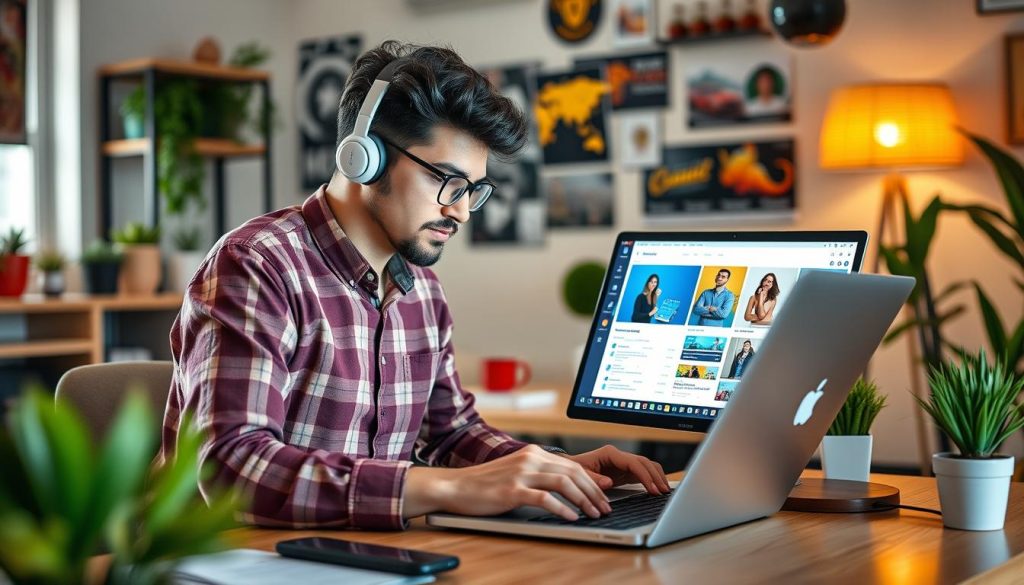 Generate an image of a freelancer working on multiple projects across different platforms on their laptop.
