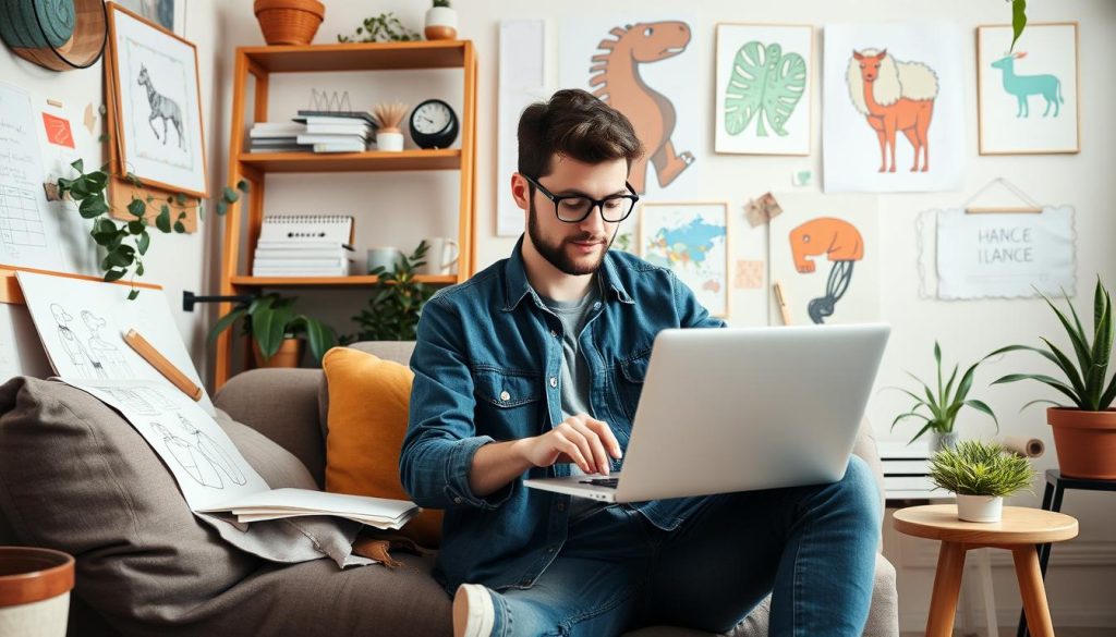 Generate an image of a freelancer working on their website on a laptop