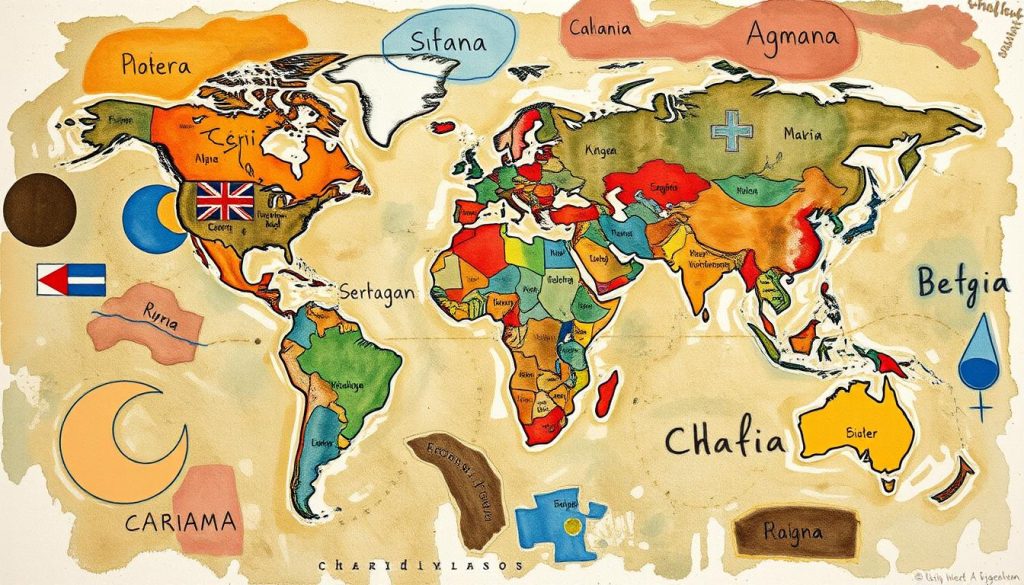 Generate an image of a global map with various language symbols