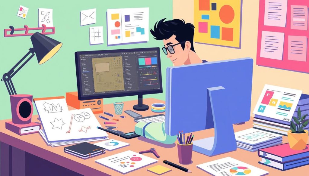 Generate an image of a graphic designer at work, surrounded by design elements and a computer with design software.