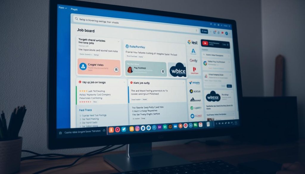 Generate an image of a job board on a computer screen