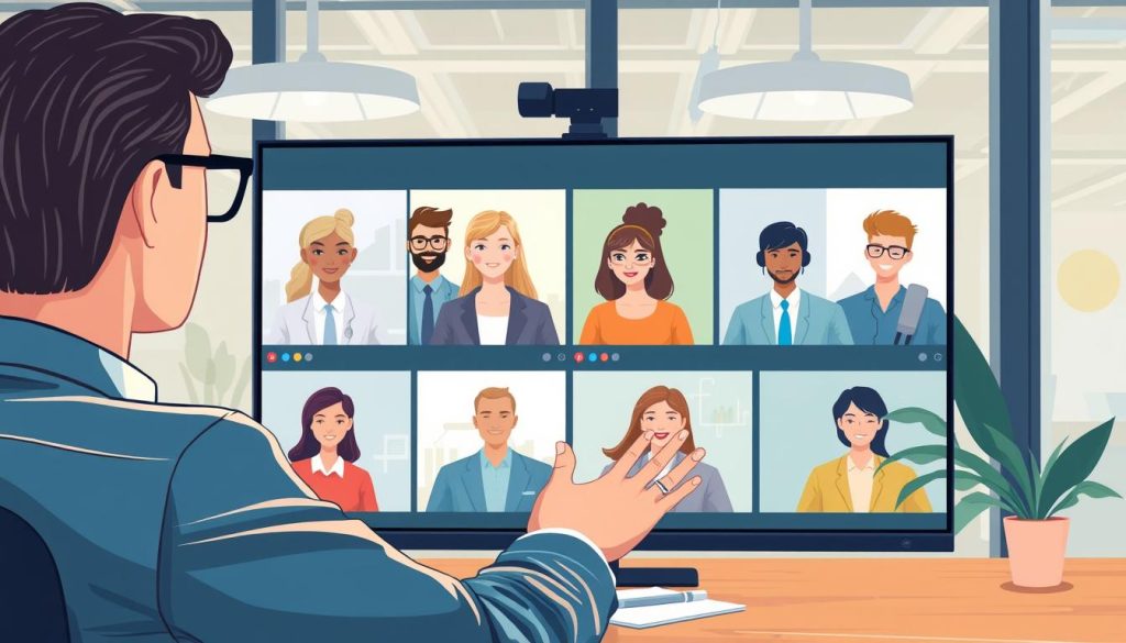 Generate an image of a manager consulting with a team via video conference.