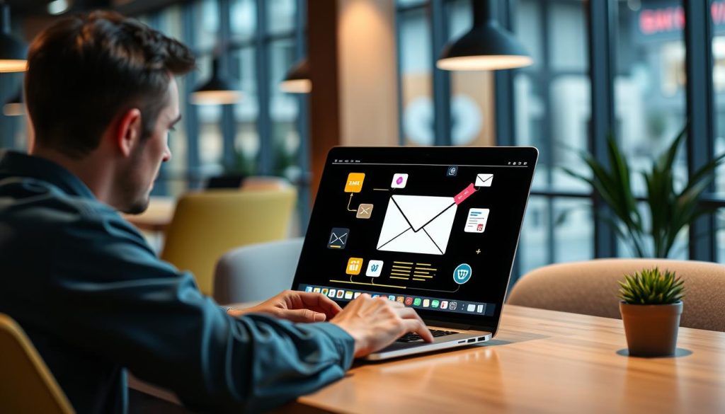 Generate an image of a marketer using an email marketing automation platform on their laptop.