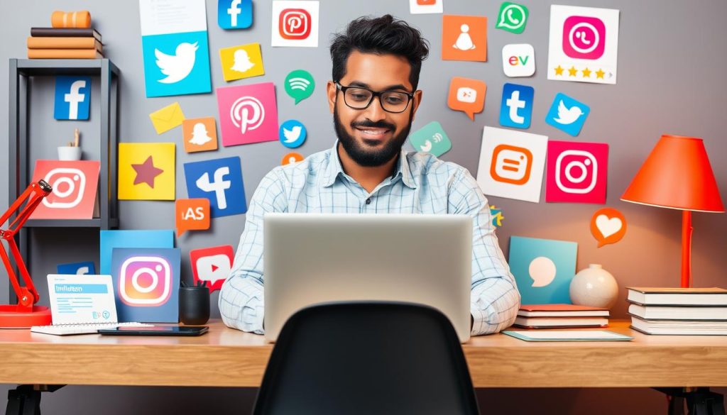 Generate an image of a person at a desk with a laptop, surrounded by social media icons and influencer marketing materials.