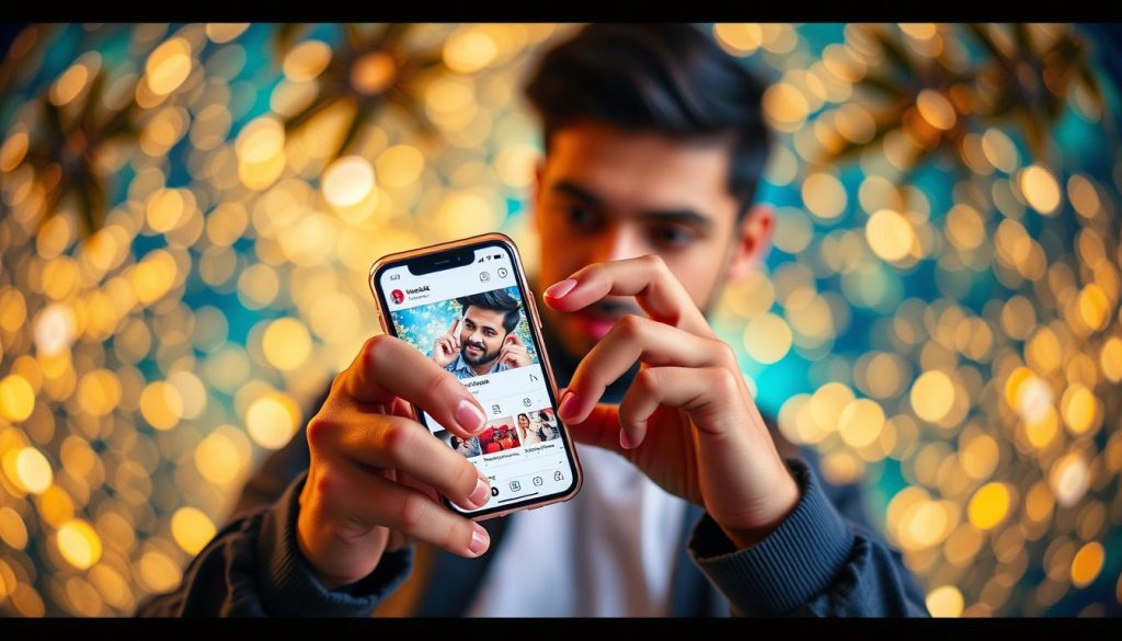 Generate an image of a person engaging with a social media post on a smartphone, with a visually appealing background.