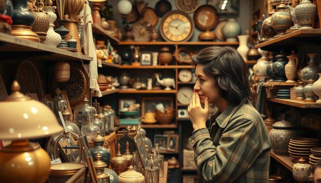 Generate an image of a person inspecting items at a thrift store.
